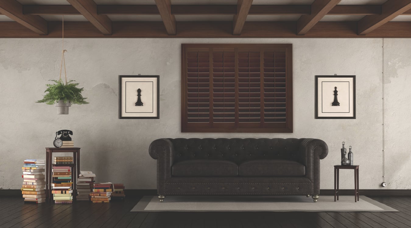 Colonial shutters have smaller louvers which means more privacy. Wood stained colonial shutters.